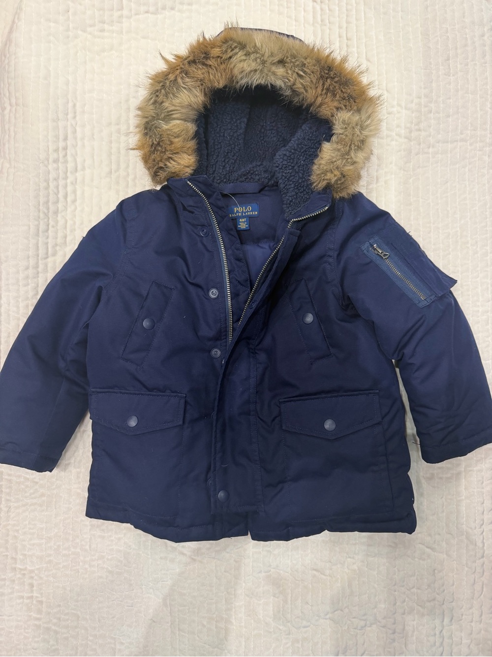 Polo by Ralph Lauren Navy Hooded Puffer Jacket with Faux Fur Trim